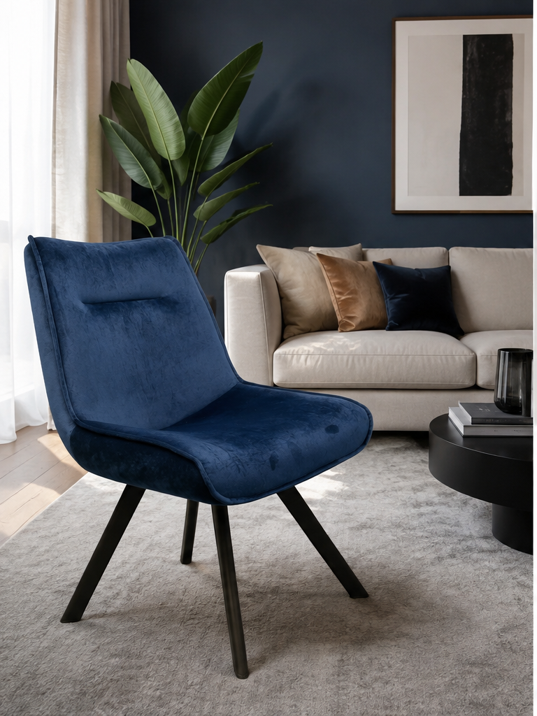 Sedia Design in Velluto Blu con Gambe Nere